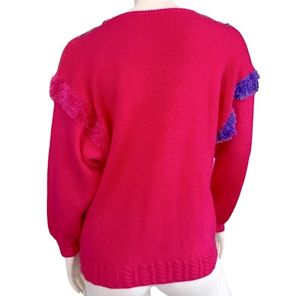 VINTAGE Funky & Fuzzy Pink & Purple Shaggy Fringe Teddy Bear Knit Pullover